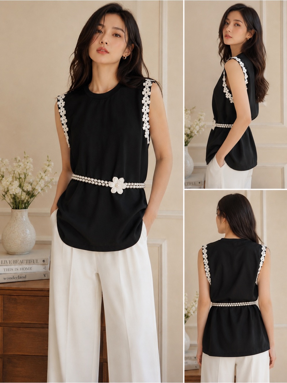 100% Silk Black Sleeveless Top White Floral Lace Trim